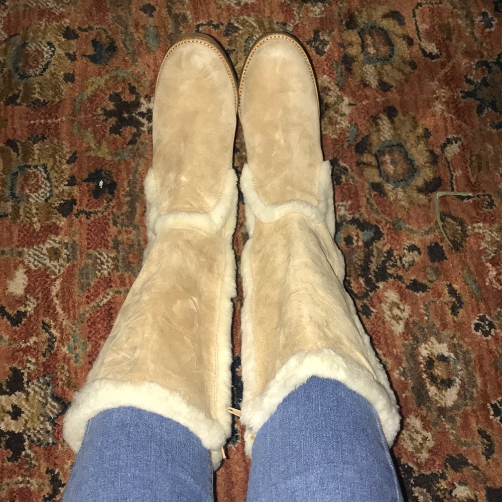 Cream suede and faux fur COACH wedge boots